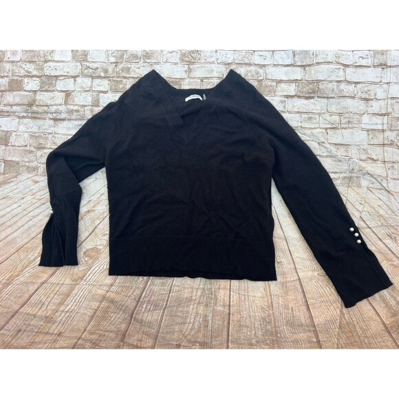 27 Miles Cashmere Split Bell Sleeve Sweater With Pearl Detail Black Sz L - Picture 1 of 7